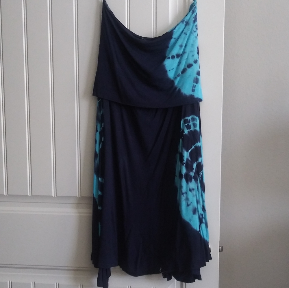 Really Cute Sleeveless Navy Tie Dye Dress With Asymmetrical Hemline NWOT